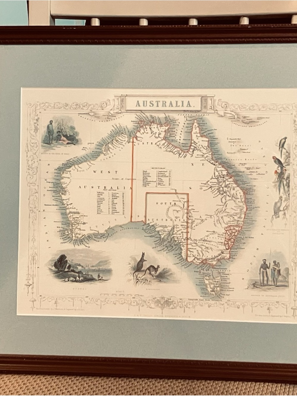 Vintage 1988 Australia Map – John Tallis 1850 Reproduction – Framed Australiana.